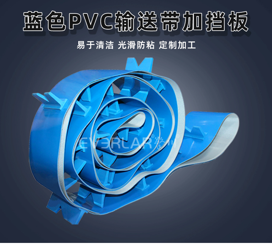 藍(lán)色PVC<a href='http://www.everla.com/shusongdai/' target='_blank'><u>輸送帶</u></a>加擋板